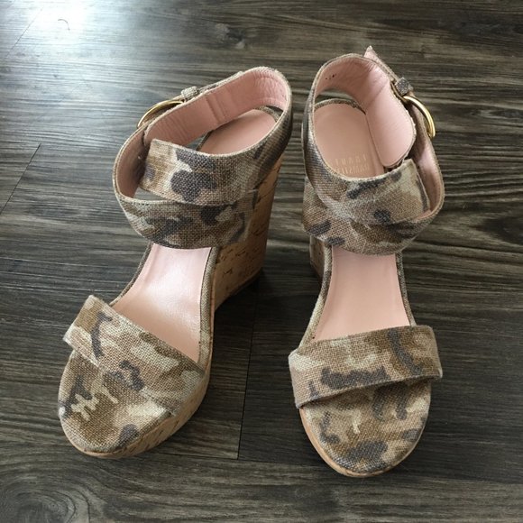 Stuart Weitzman Xray Linen Cork Wedge, Tan Camo - Picture 2 of 10